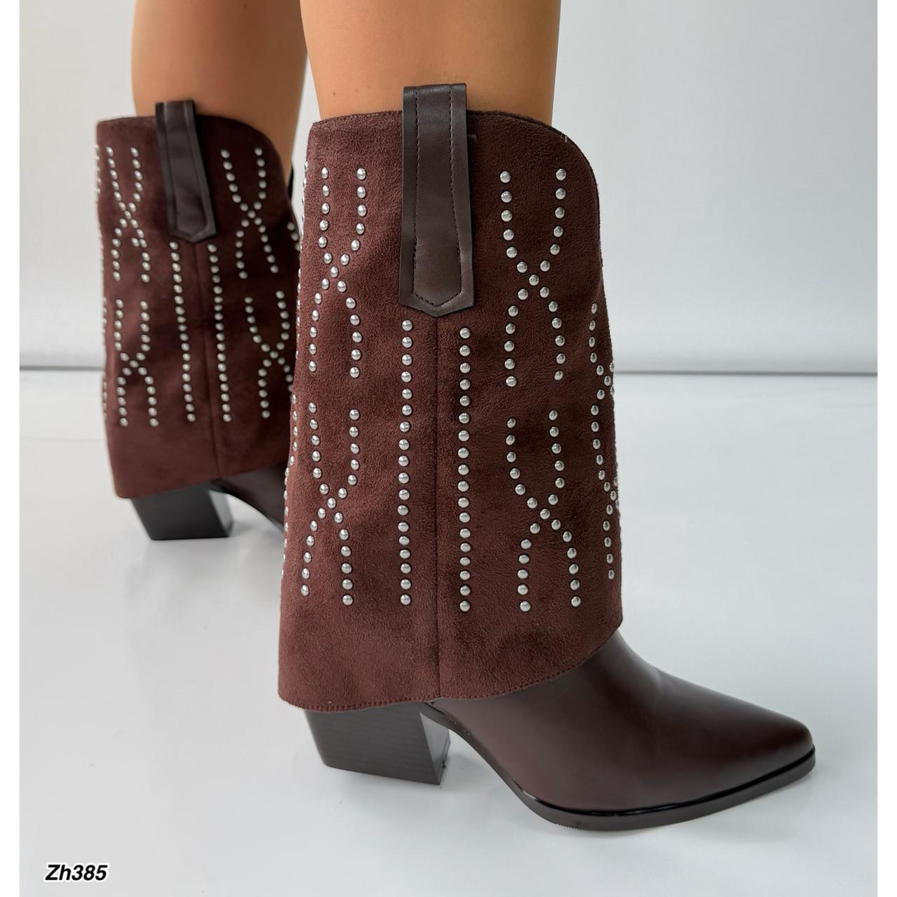 Bota texana cafe doblez apliques plateado tacon 8cm HX3108-C129 7